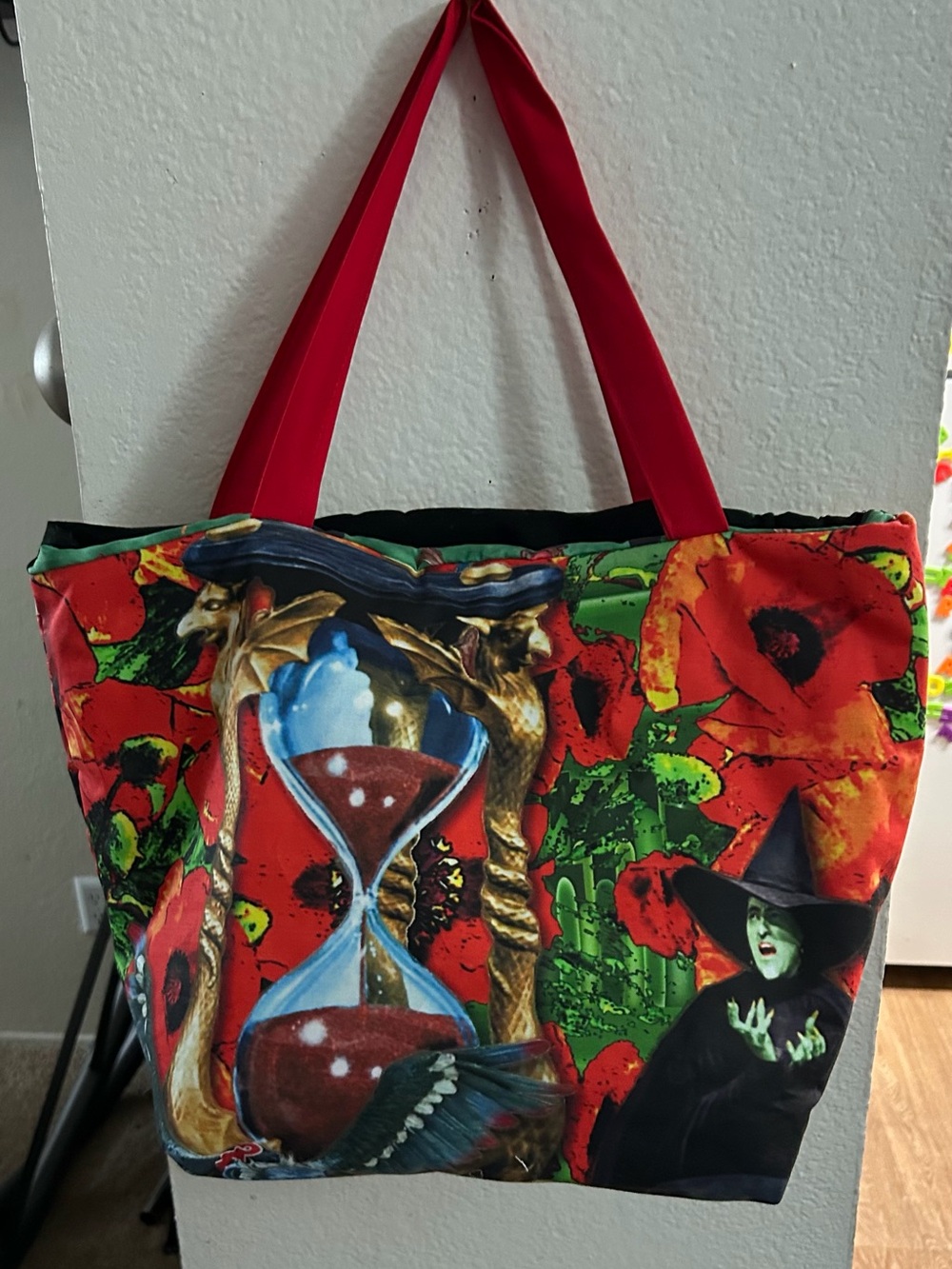 Red Floral Witch Tote Bag with Hourglass Print